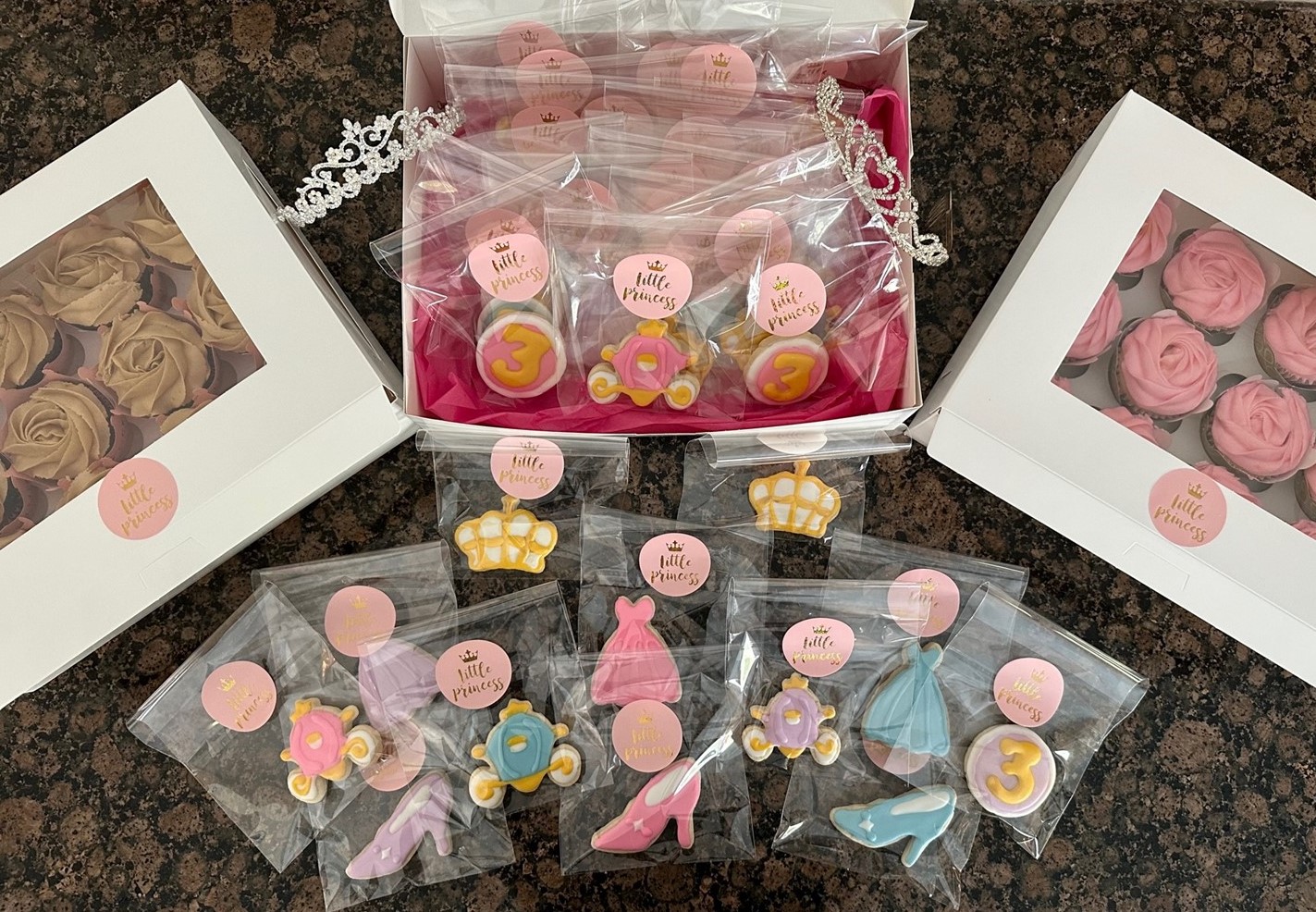 Custom princess birthday cookies and cupcakes